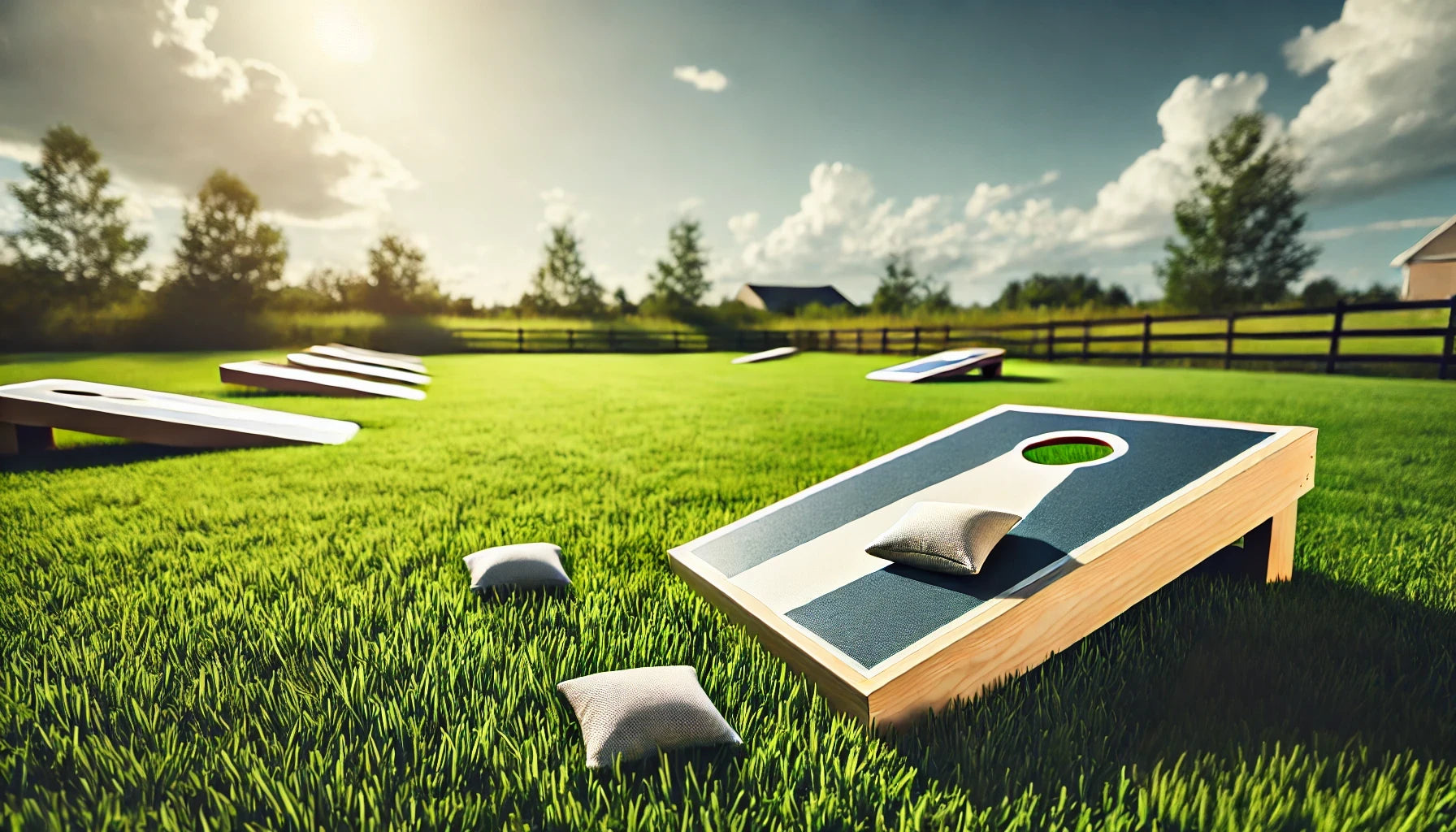 Picture of several cornhole boards sitting in the grass