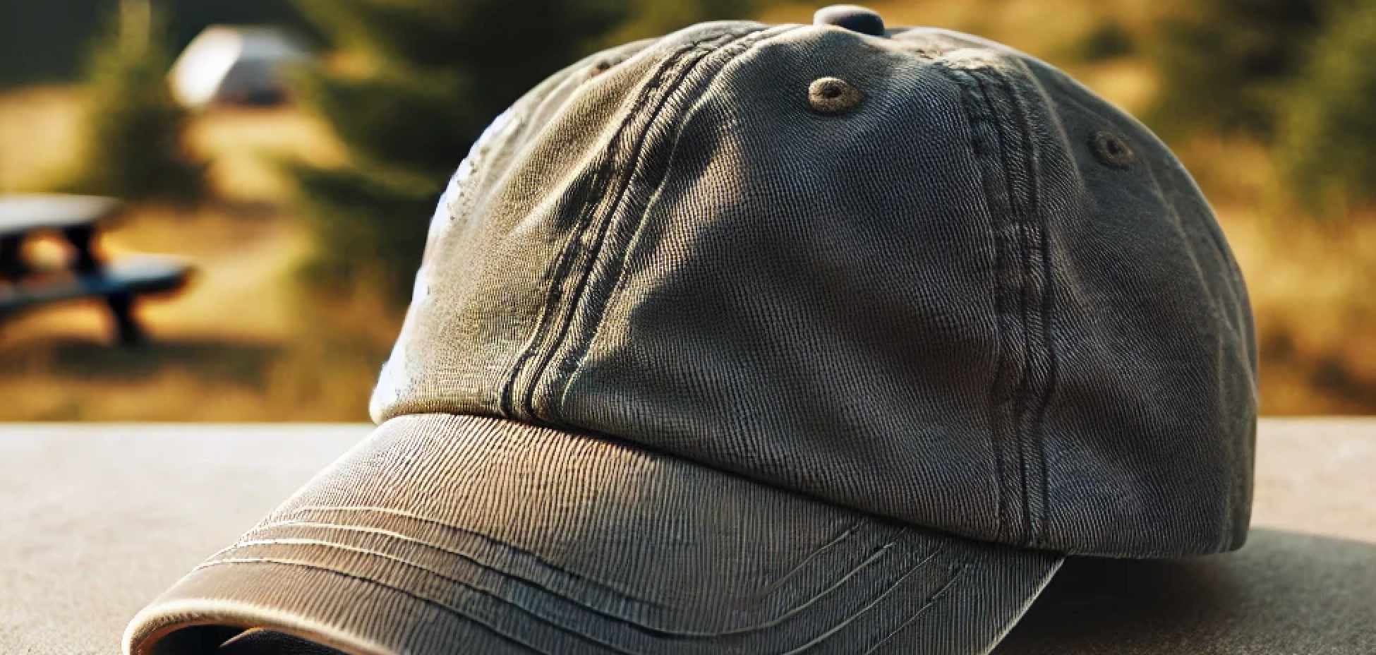 Picture of a dad hat sitting on a table outdoors