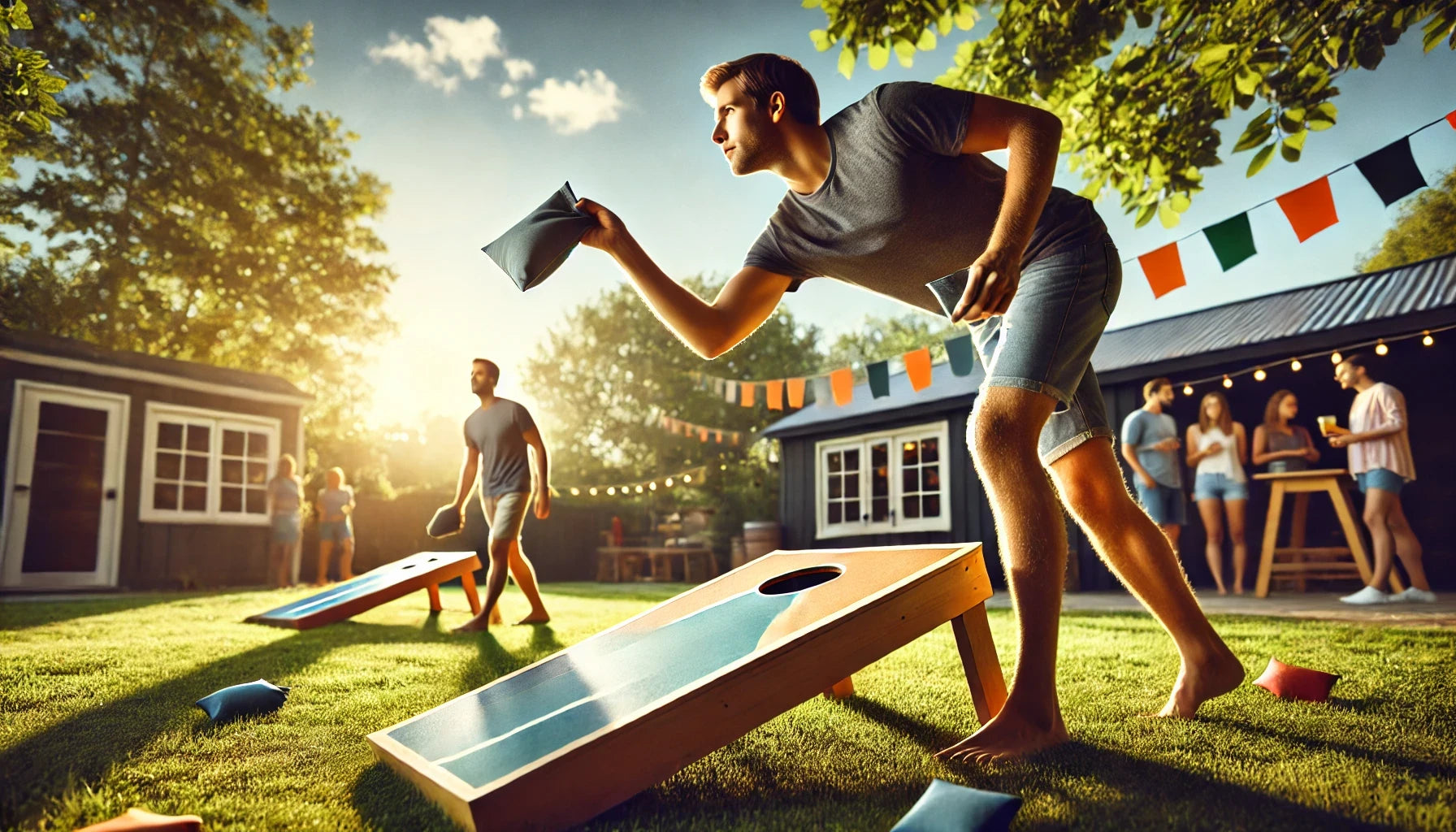 Guy playing cornole with his friends outdoors in the grass