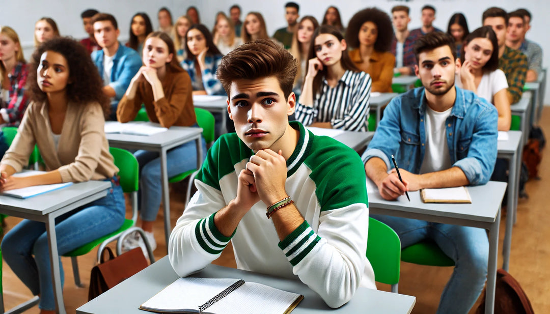 Graphic showing a worried Michigan State University student sitting in his class