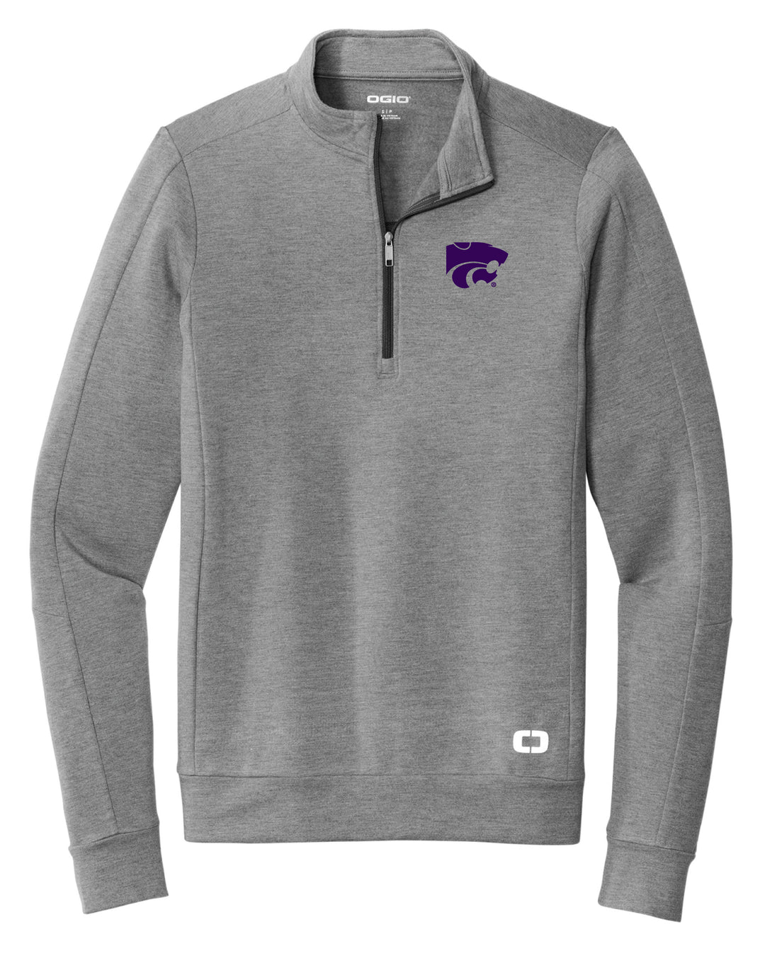 Grey Kansas State quarter zip with purple Powercat logo on the left chest