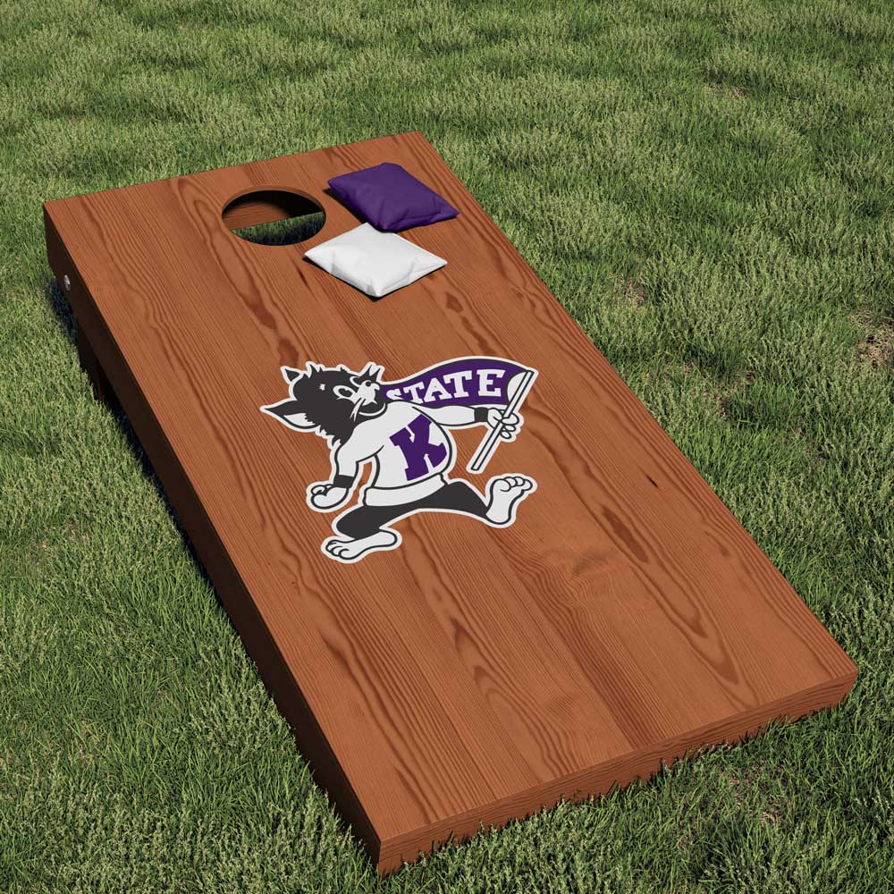 Picture of a Kansas State University cornhole board with a Willie the Wildcat decal