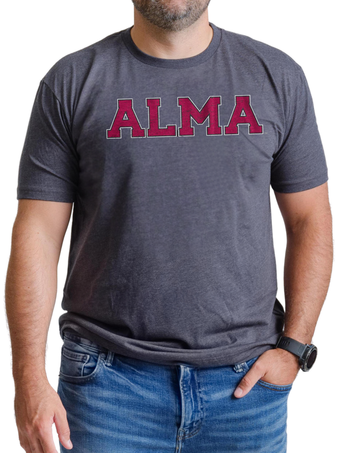 Alma College Block Lettering Short Sleeve Charcoal T-Shirt on male model