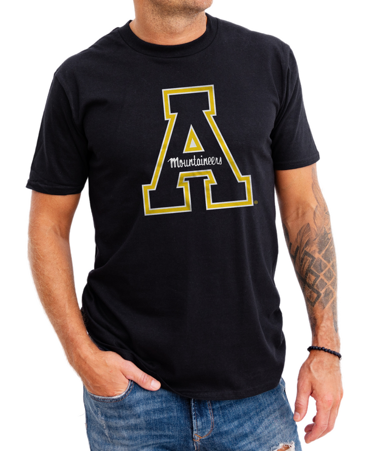 Appalachian State University Mountaineers Block A Primary Logo AppSate Unisex T-shirt (Black) on male model