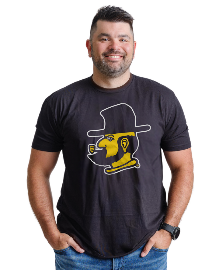 Appalachian State University Mountaineers Yosef the Mascot AppState Unisex T-shirt (Black) on Male Model