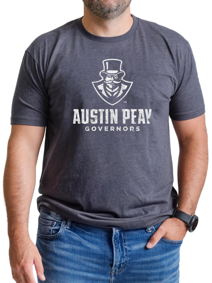 Austin Peay State University Governors Stacked Logo Unisex T-shirt (Charcoal) on male model