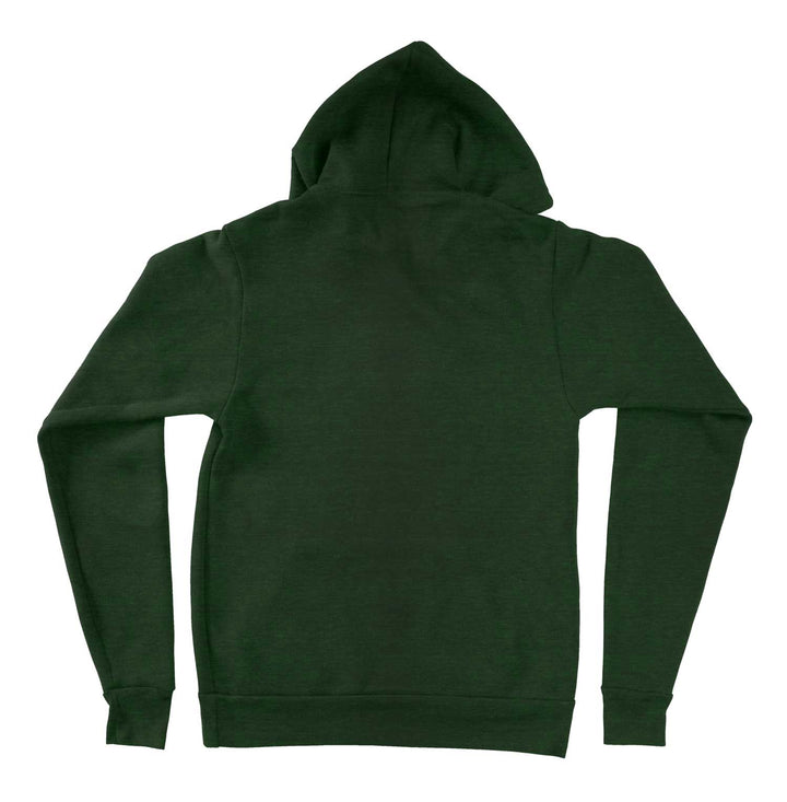 Back view of the heather forest green hooded sweatshirt from Nudge Printing