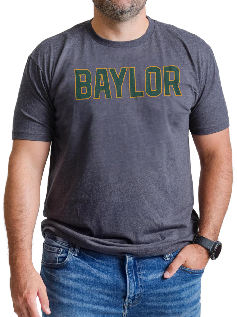 Baylor University Bears Wordmark Charcoal Super Soft T-Shirt on male model