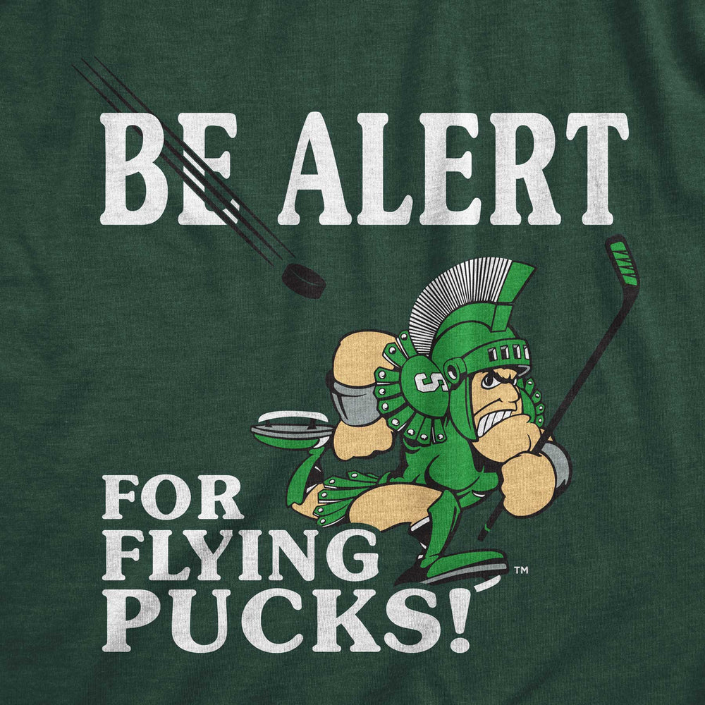 Close up of green Michigan State Be Alert For Flying Pucks design from Nudge Printing