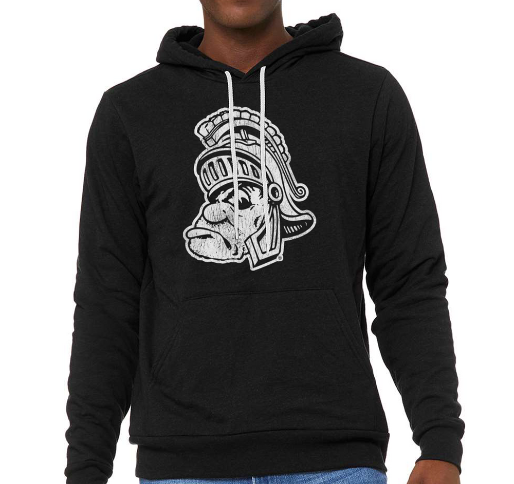 Michigan State University Gruff Sparty Black Hoodie - Nudge Printing oN male model