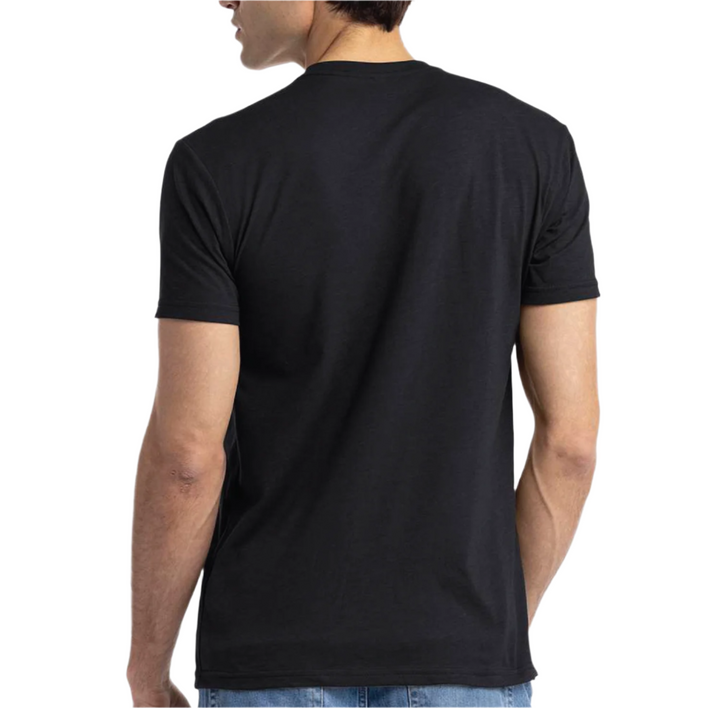 Back view of a male model wearing a black t-shirt from Nudge Printing