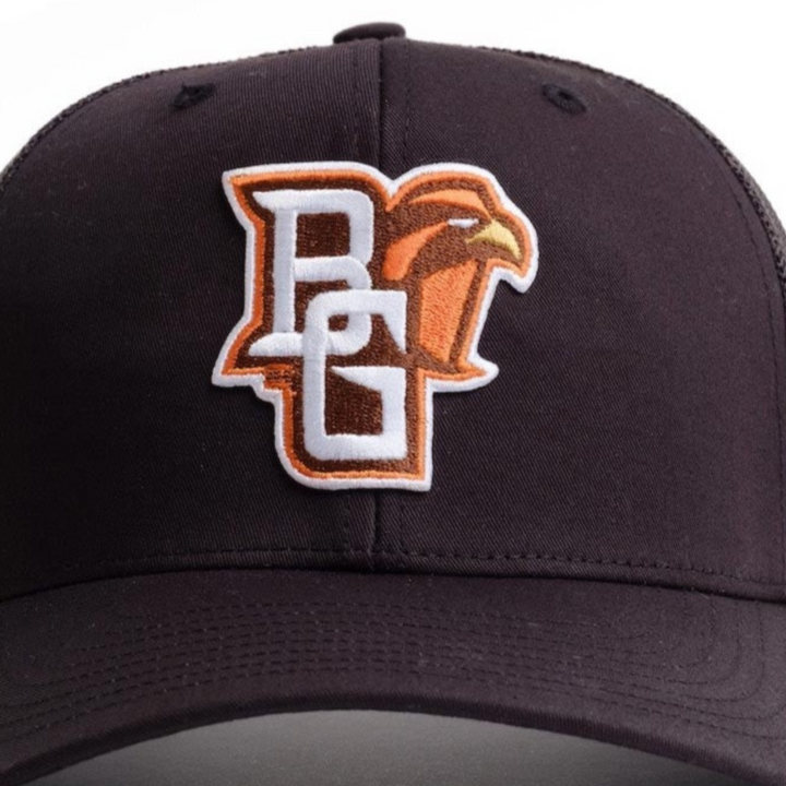 Black hat with Bowling Green State University BG Falcon logo patch on the front