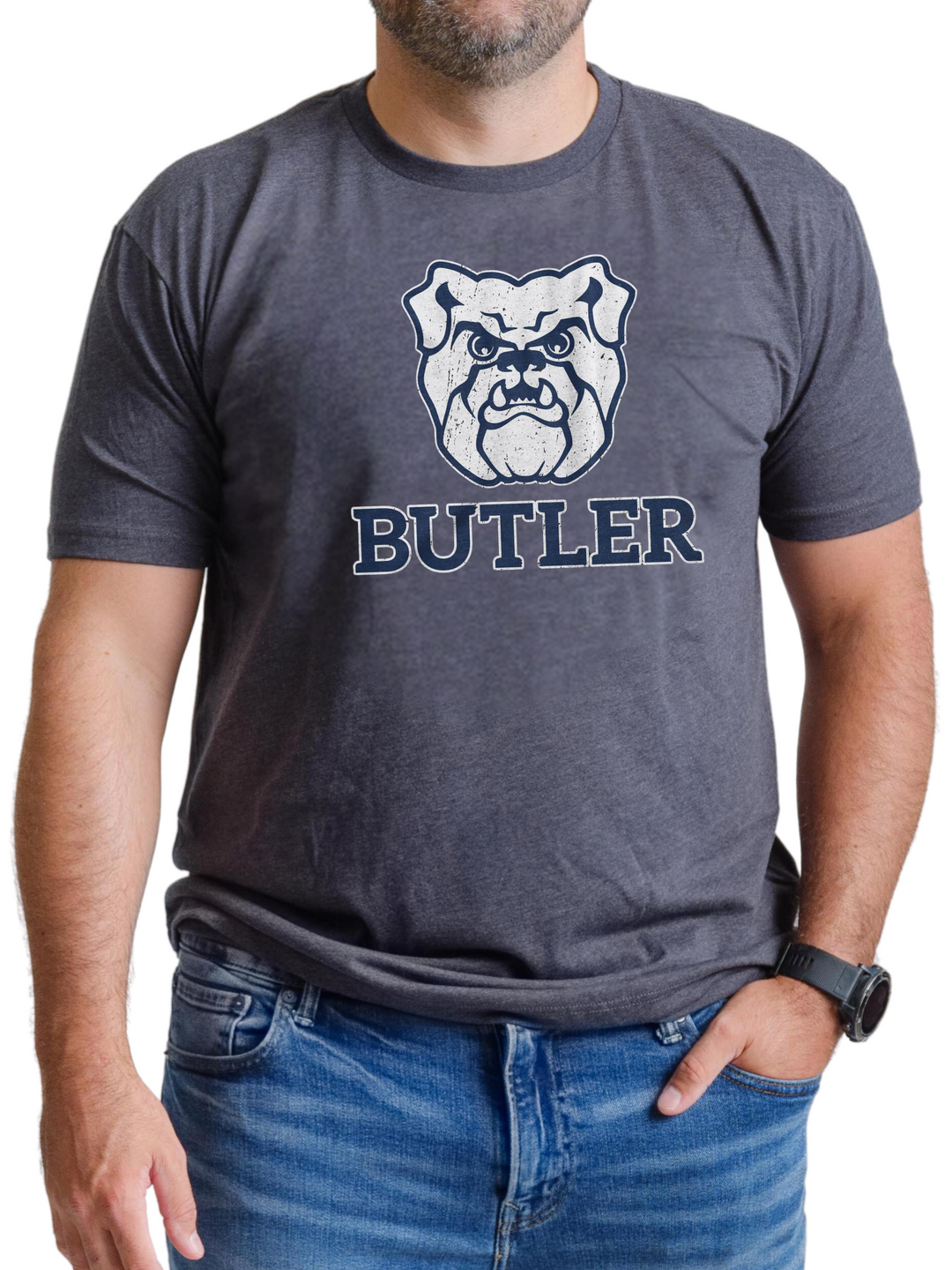 Butler University Bulldog & Wordmark Combo Logo on Charcoal T-Shirt on male model