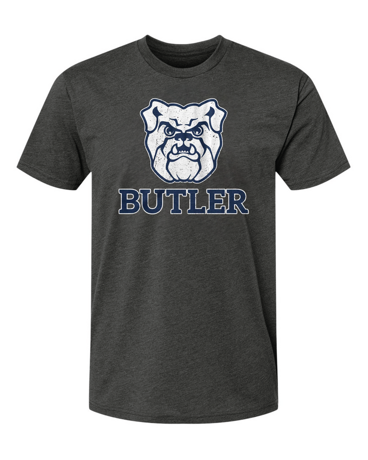 Butler University Bulldog & Wordmark Combo Logo on Charcoal T-Shirt mock up