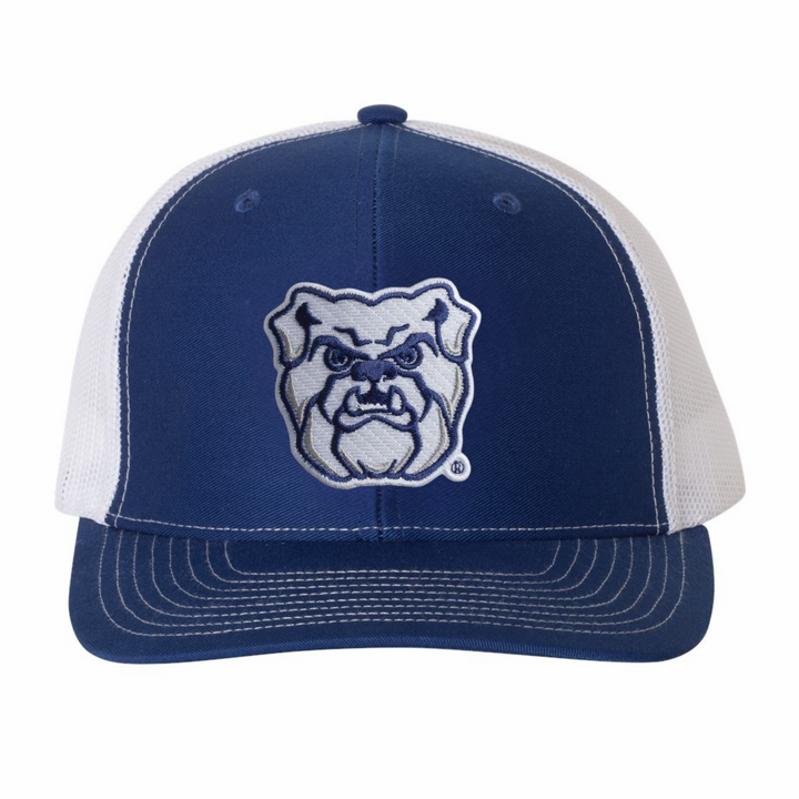 Butler University Blue White Trucker Hat with embroidered patch Front view Mock up