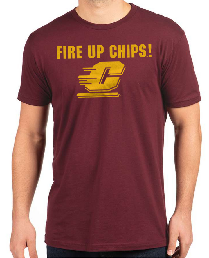 Central Michigan University Chippewas Fire Up Chips Maroon and gold t-shirt - Nudge Printing on model