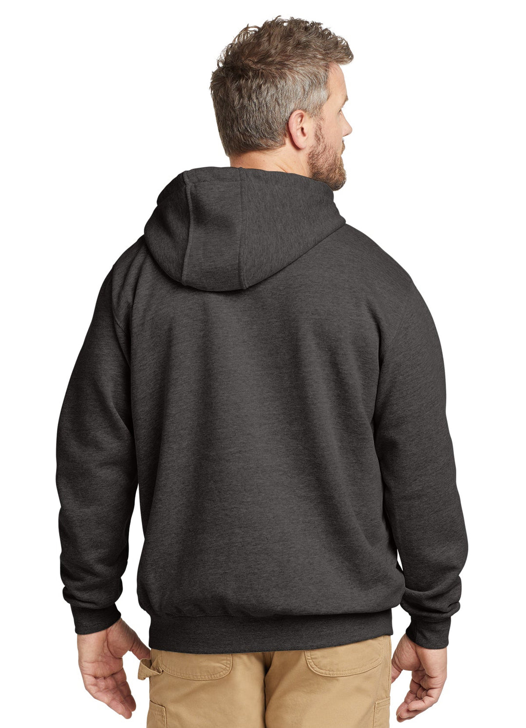 Back view of a model wearing a carbon heather Carhartt sweatshirt hoodie from Nudge Printing