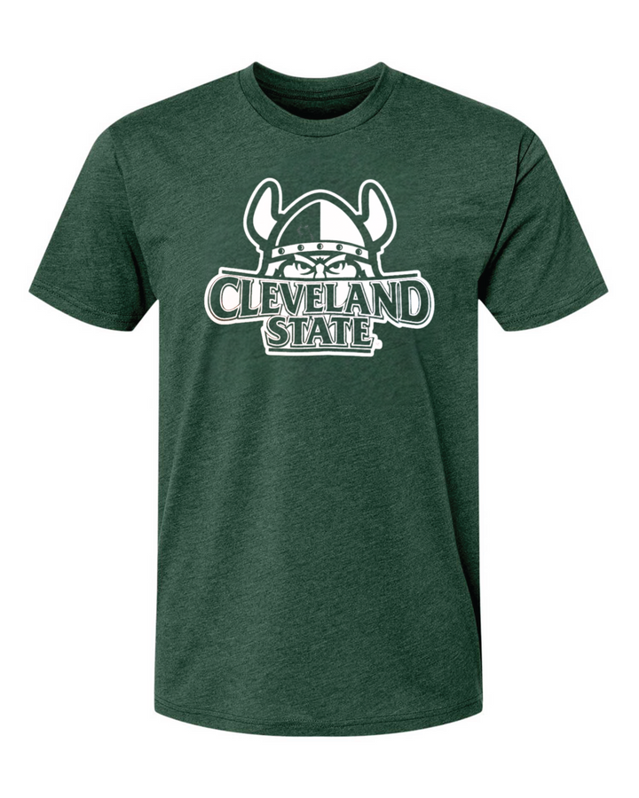 Green t-shirt showing the Cleveland State University logo printed on the chest in white ink