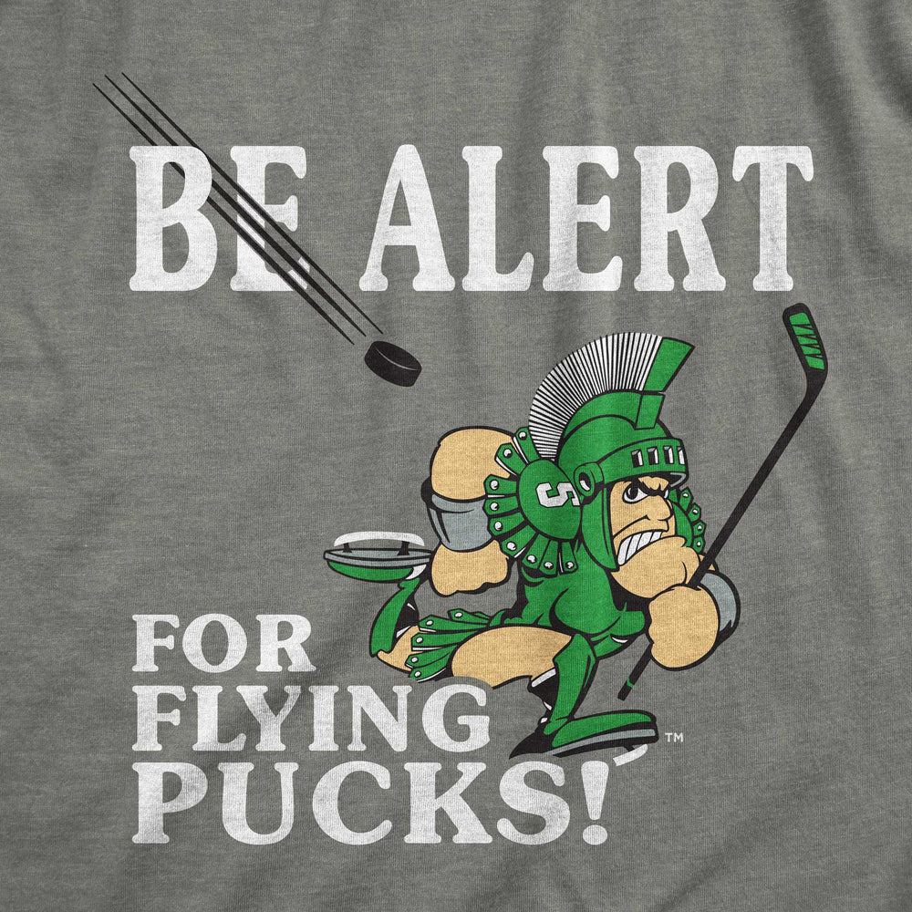 Close up of the grey Michigan State vintage Be Alert for Flying Pucks design from Nudge printing.