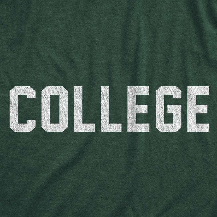 Close up view of a green t-shirt with COLLEGE printed in white from Nudge Printing