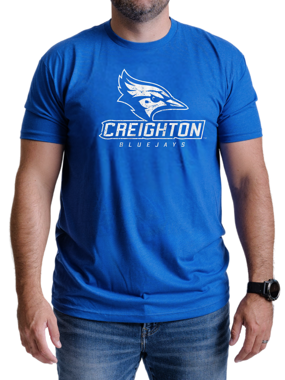 Creighton University Bluejays Wordmark T-Shirt (Royal Blue) on male model