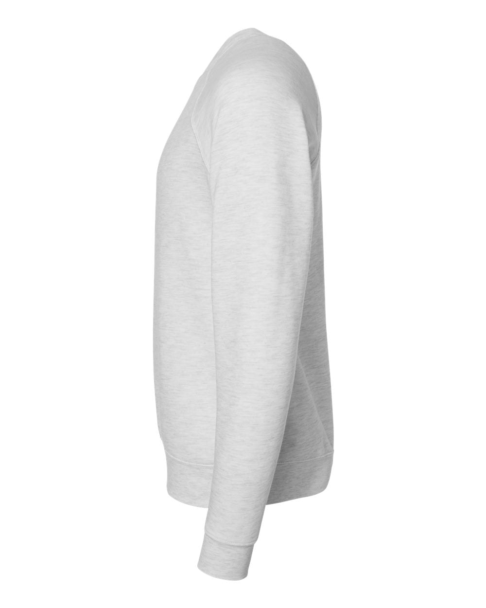 Side view of an ash white crewneck sweatshirt from Nudge Printing