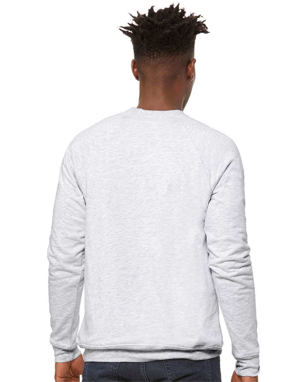 Back view of an ash white crewneck sweatshirt on a male model. 