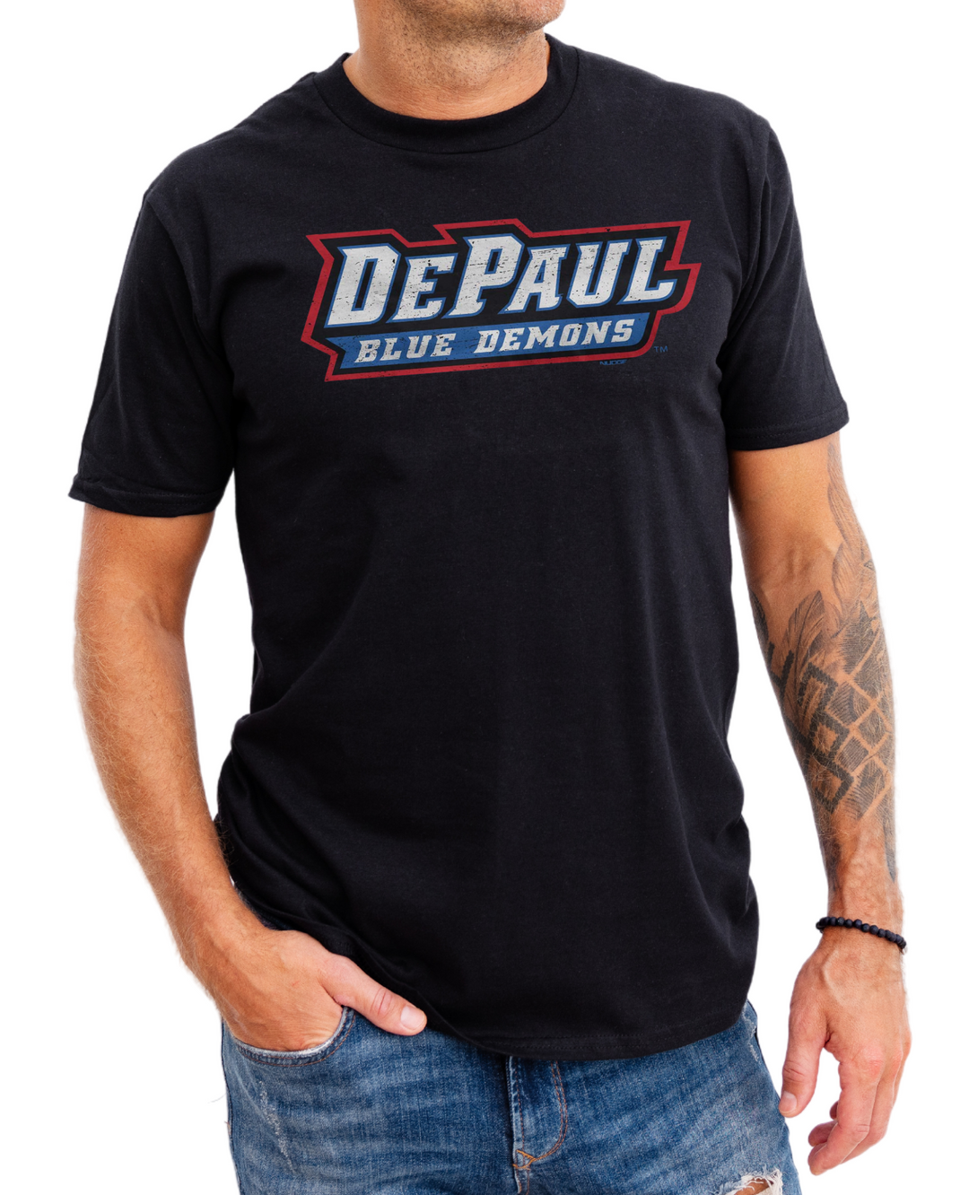 DePaul University Blue Demons Wordmark Black T-Shirt on model