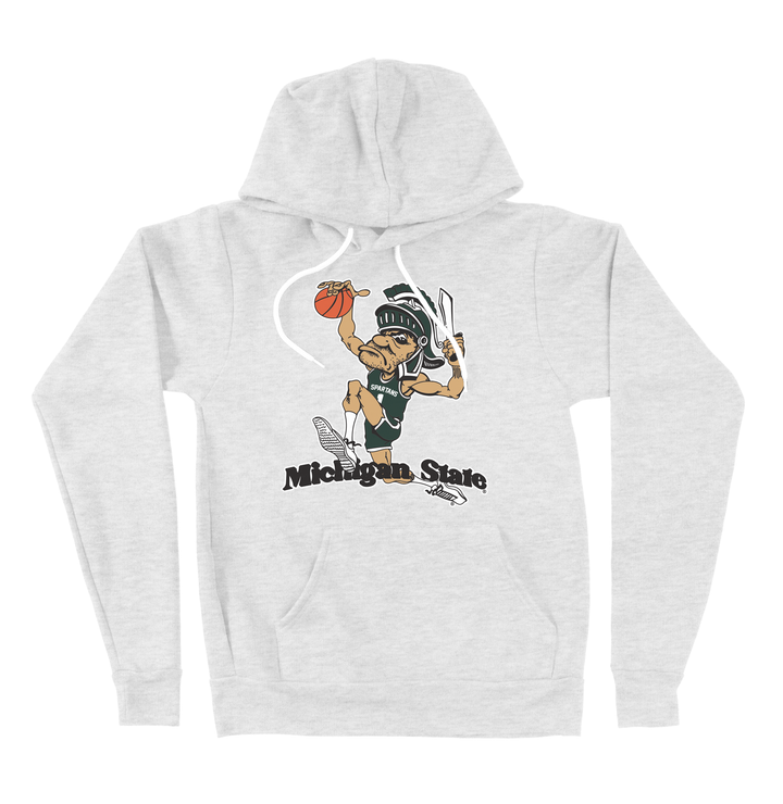 Ash white Michigan State hooded sweatshirt with vintage Gruff Sparty dunking a basketball printed on the chest.