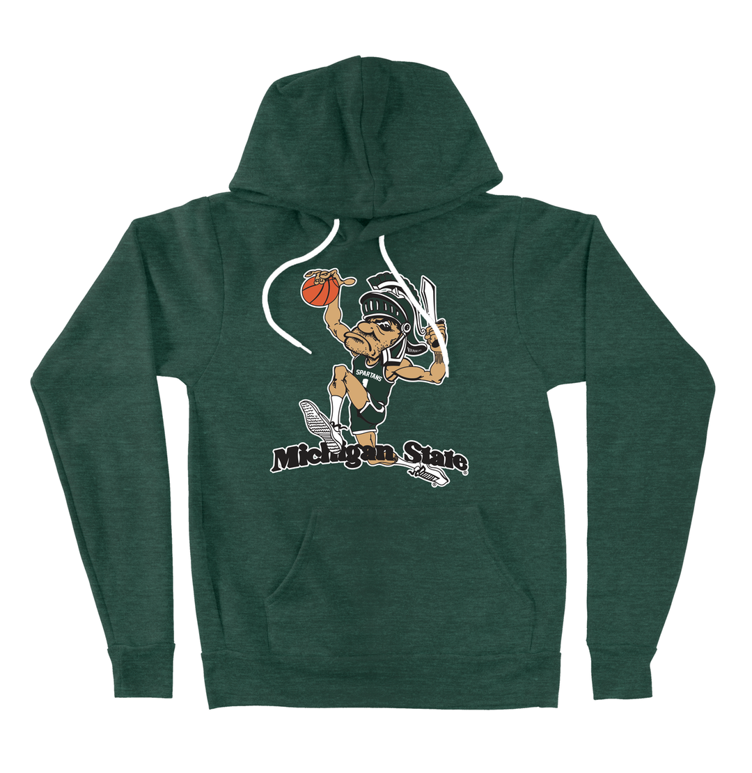 Green Michigan State hooded sweatshirt with vintage Gruff Sparty dunking a basketball printed on the chest.