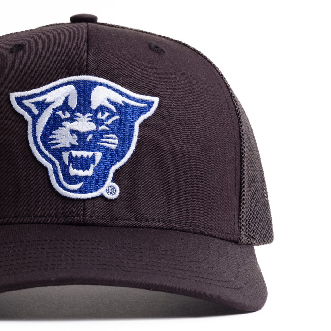 Georgia State Hat in black with blue and white panther up close