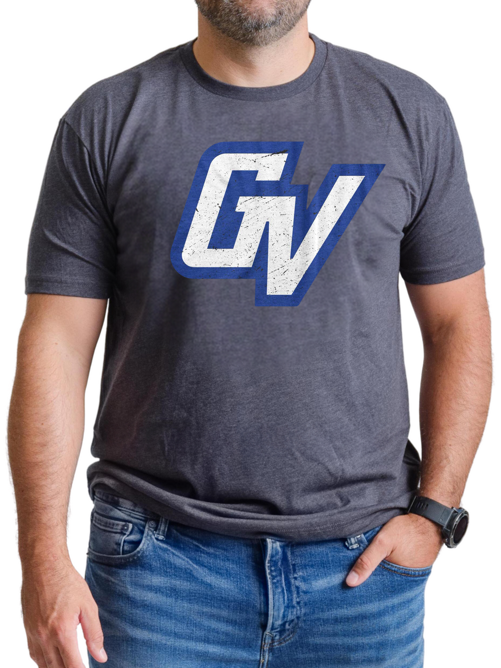 Grand Valley State University Lakers Premium GV T-Shirt - Nudge Printing on male model