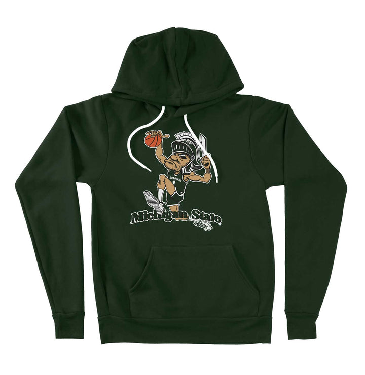 Michigan State Dunking Gruff Sparty Logo with Basketball on Green Hoodie Mockup