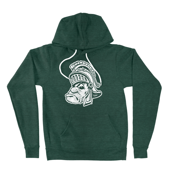 Green Michigan State hoodie with a white Gruff Sparty print on the chest.