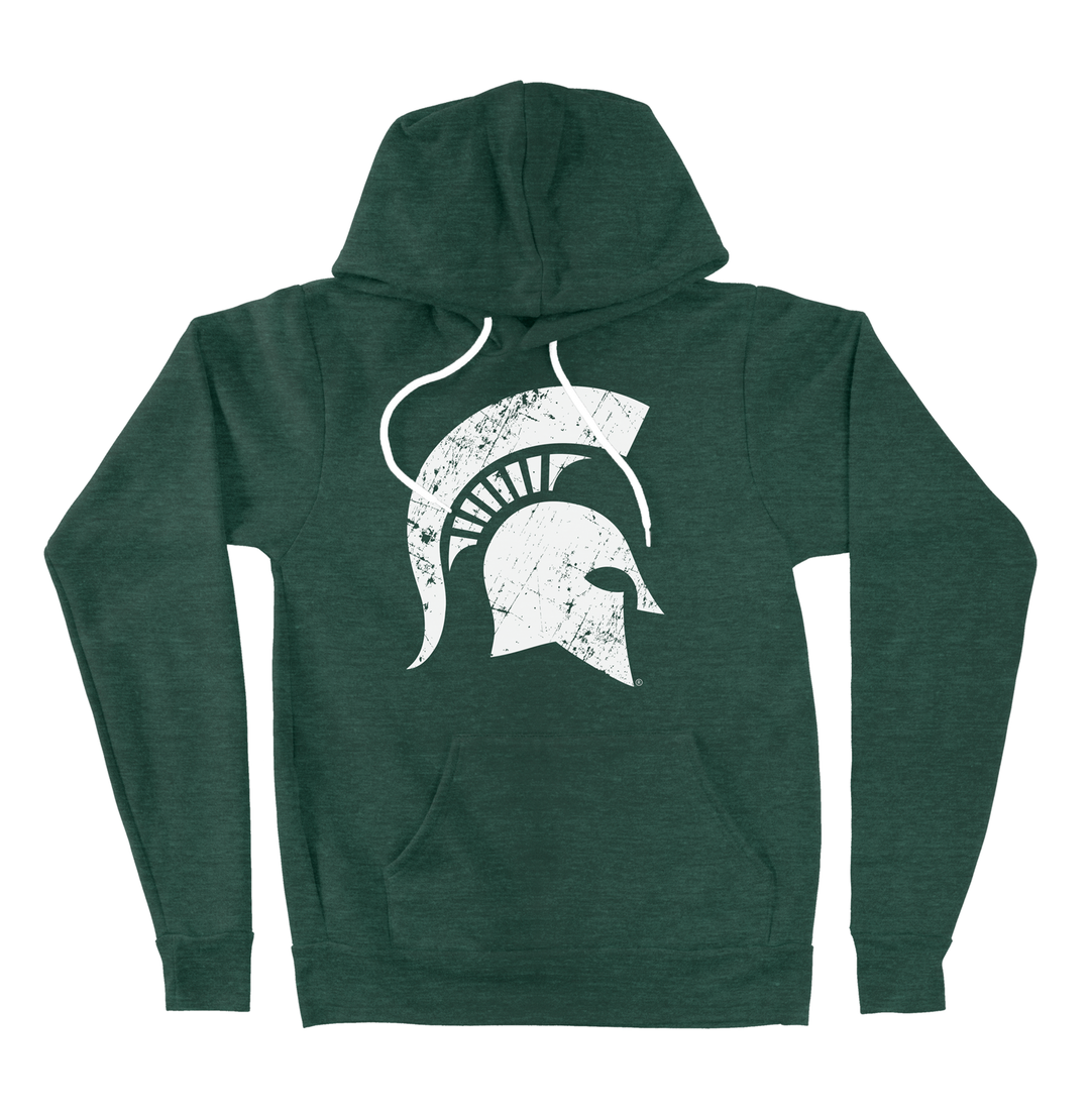 Green Michigan State hoodie with white distressed Spartan Helmet printed on the chest.