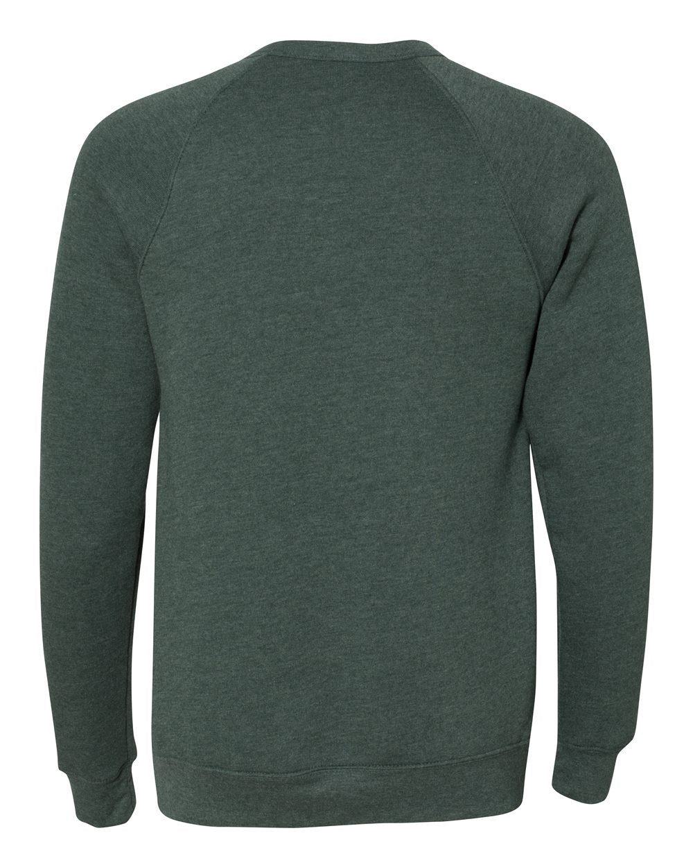 Back view of a heather forest green crewneck sweatshirt from Nudge Printing