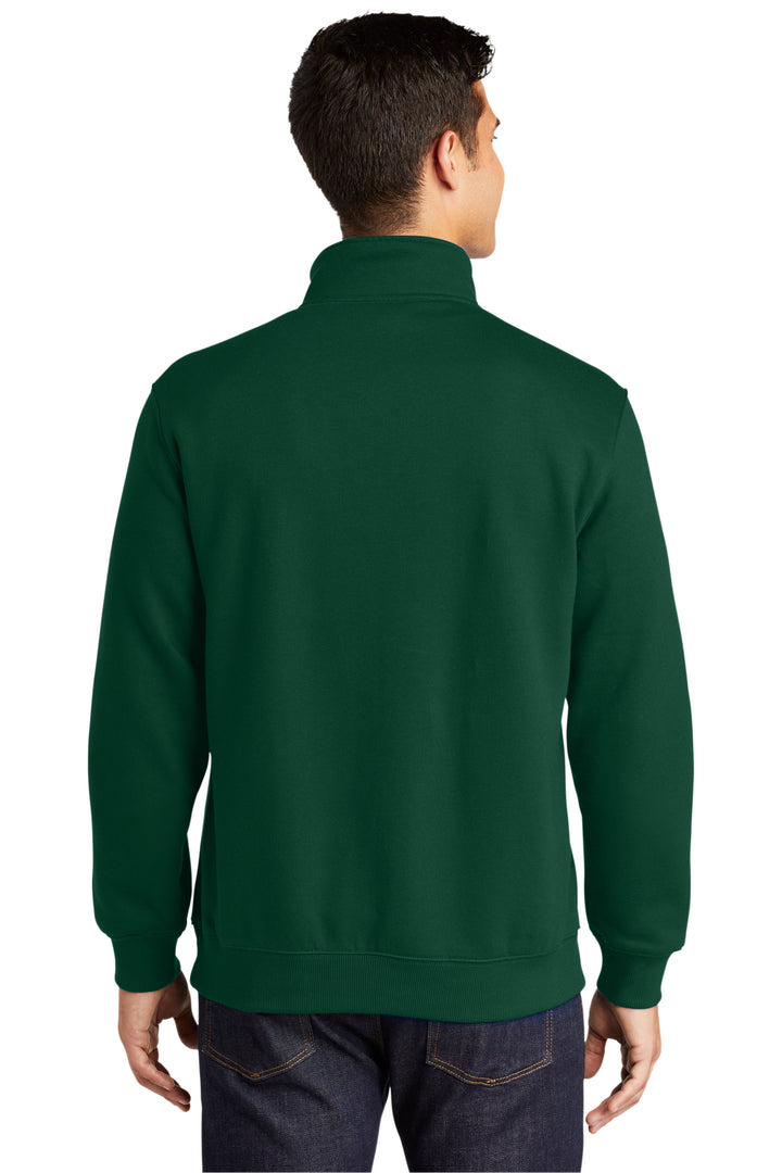 Male model wearing a forest green quarter zip pullover from Nudge Printing