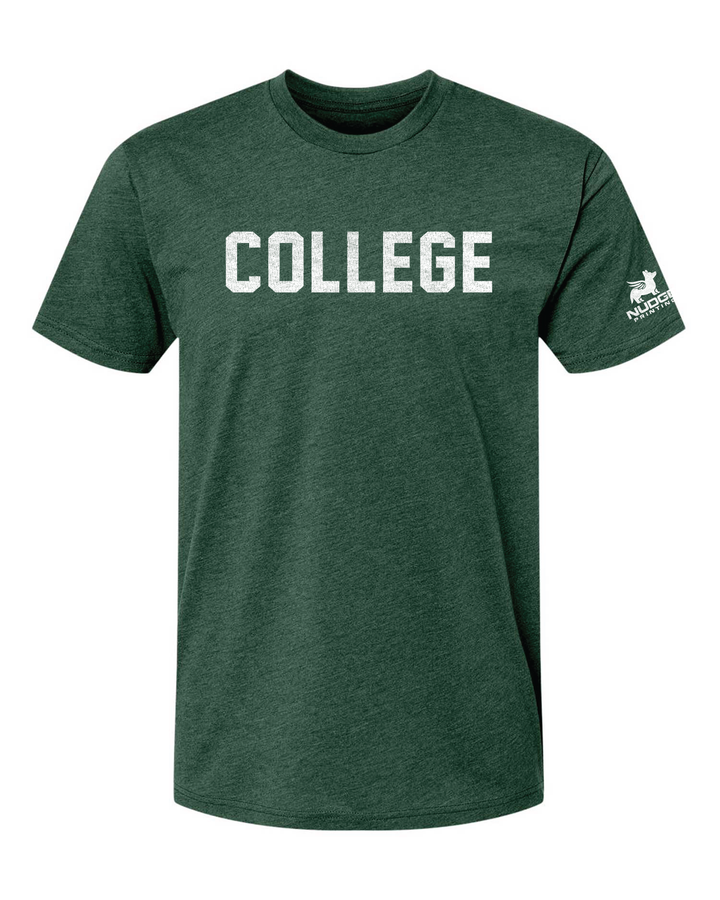 Green tee shirt with College printed on the chest in white. Super soft cotton polyester blend material designed for comfort. 