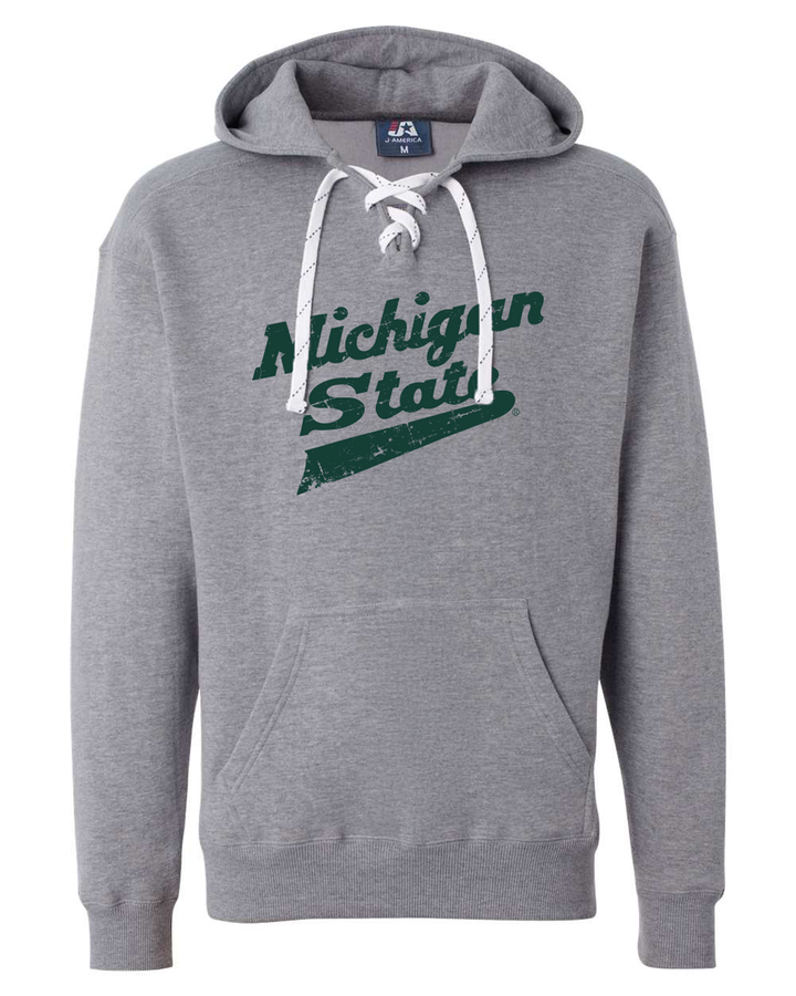 MSU Hockey Logo Grey Laced Hoodie Sweatshirt