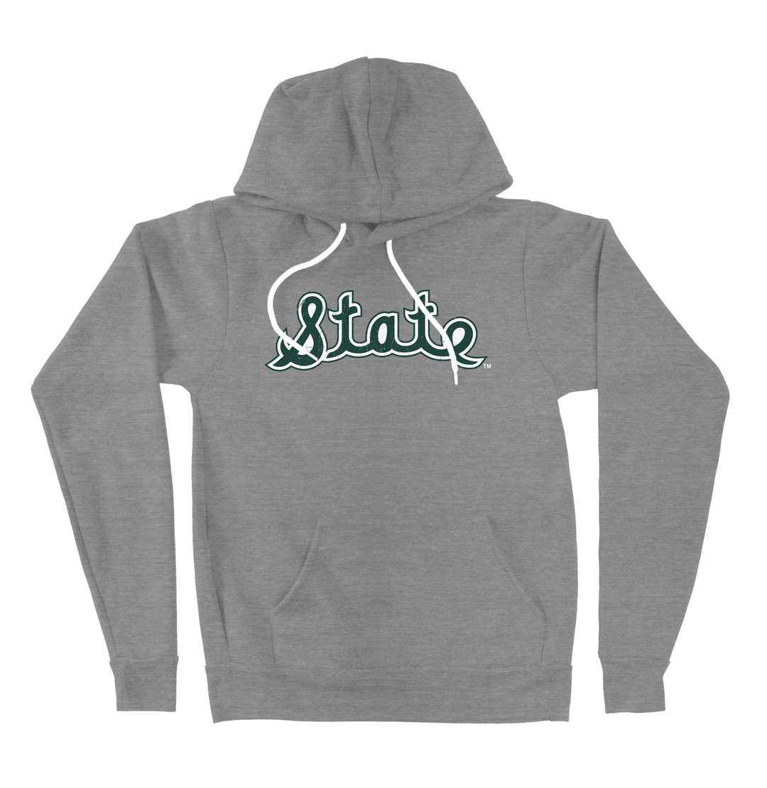 Grey Michigan State hooded sweatshirt with green and white "State" in script font printed on the front.