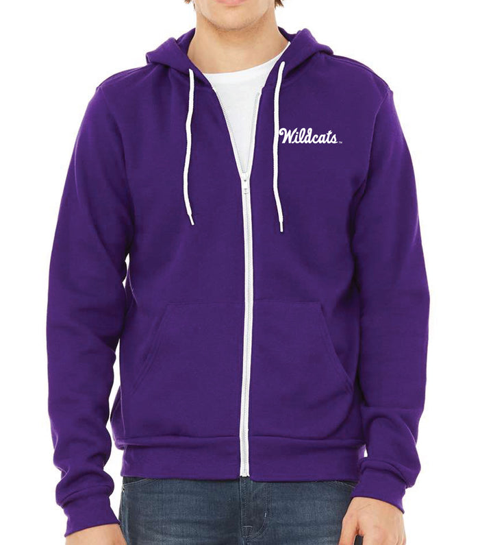 Front view of a purple Kansas State zip up hoodie with a white "Wildcats" logo embroidered on the left chest