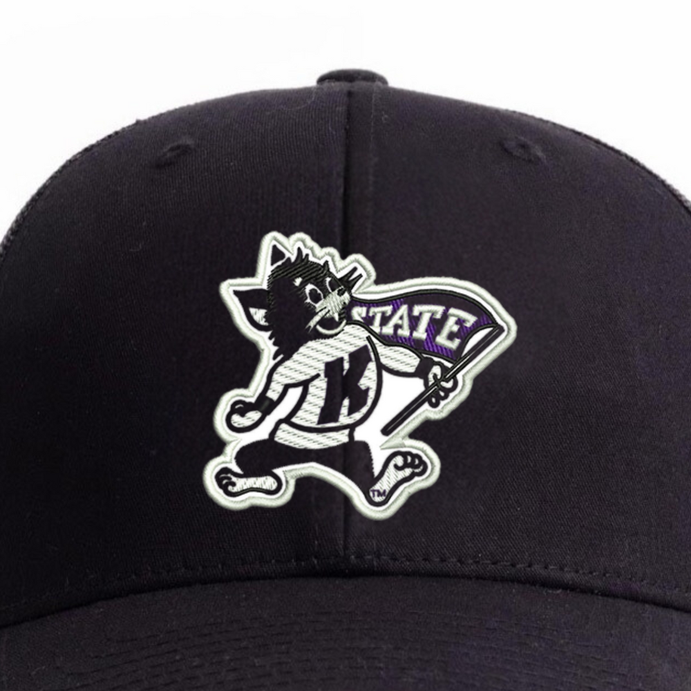 K State Trucker Hat in Black with Vintage Willie the WildCat logo