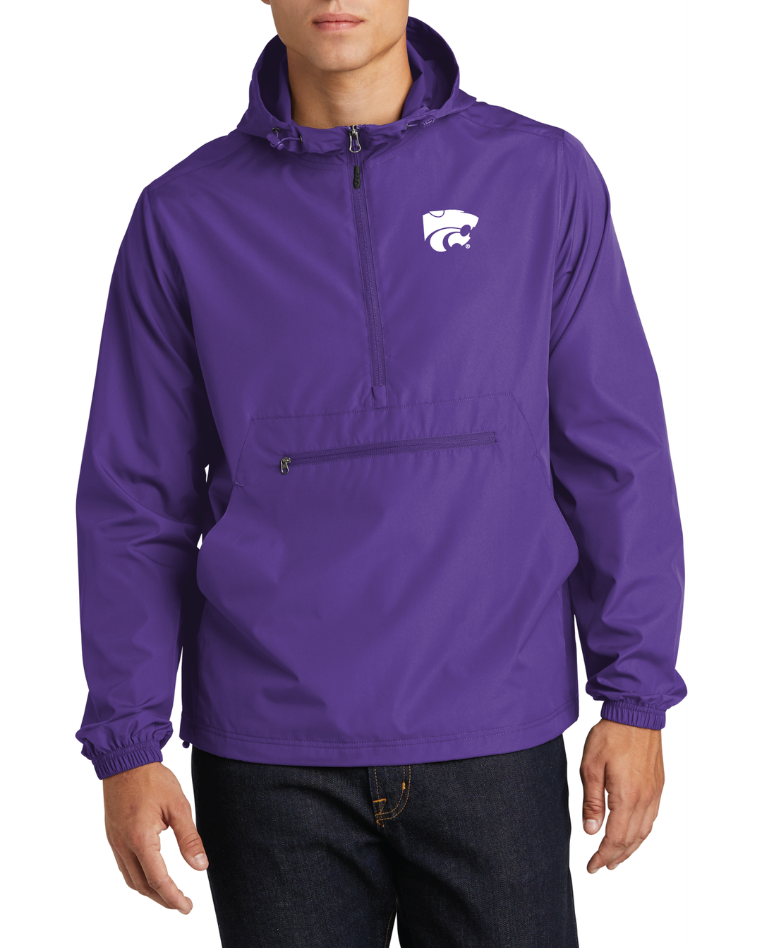 Front view of purple K-State powercat anorak jacket from Nudge Printing