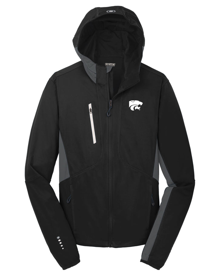 Black OGIO performance jacket with Kansas State Powercat logo on the left chest in white