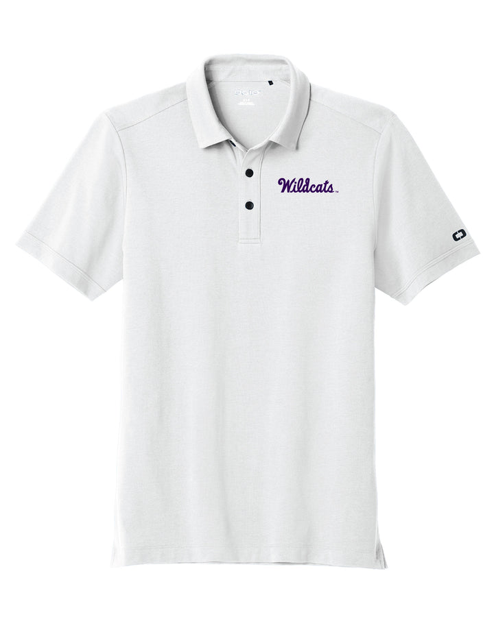 White Kansas State Polo with purple "Wildcats" logo embroidered on the left chest