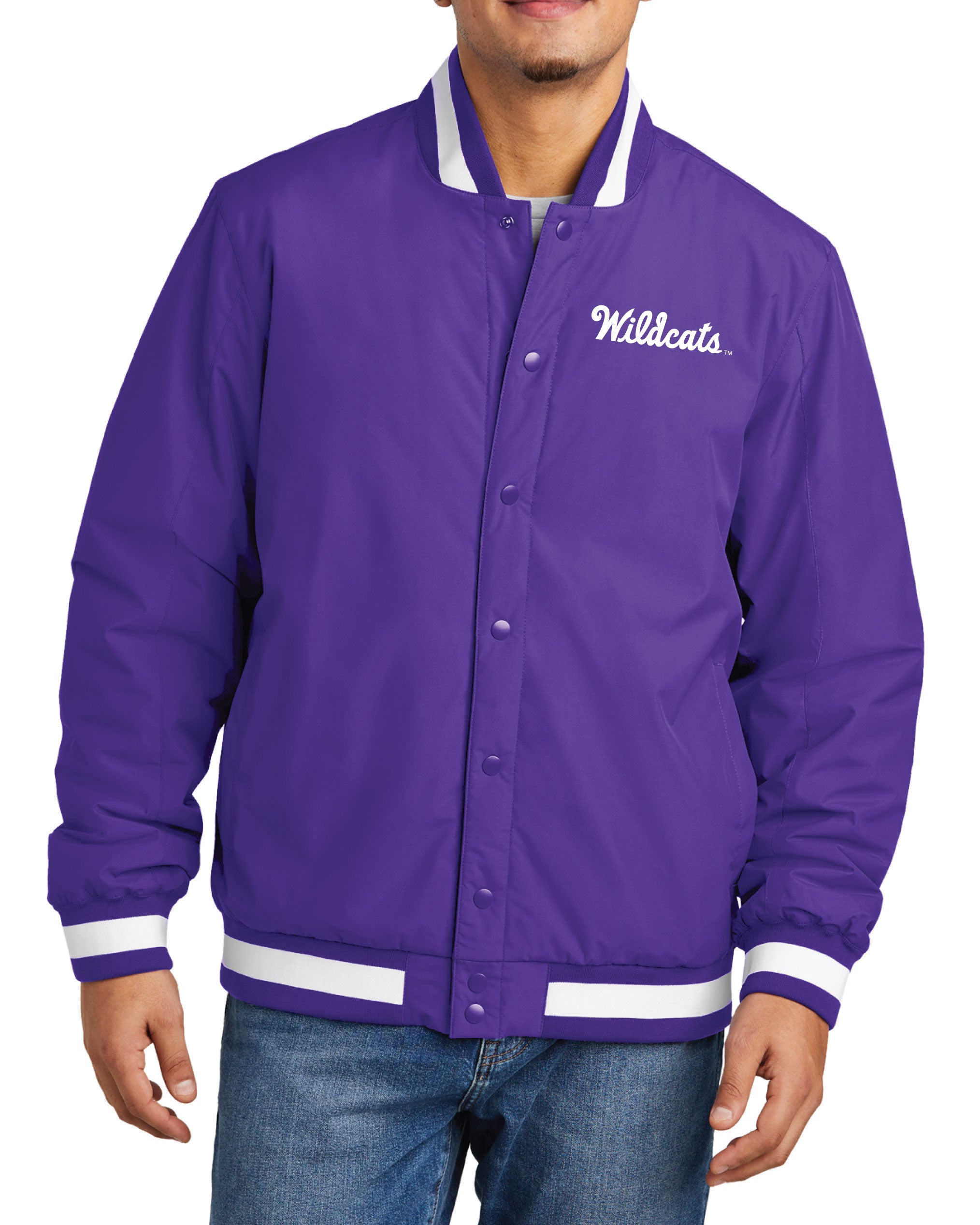 Man wearing purple Kansas State Varsity Jacket with white "Wildcats" logo on the left chest