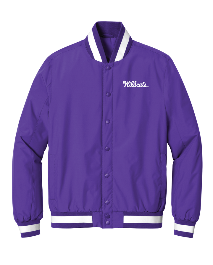 Purple Kansas State Varsity Jacket with embroidered "Wildcats" logo in white thread on the left chest