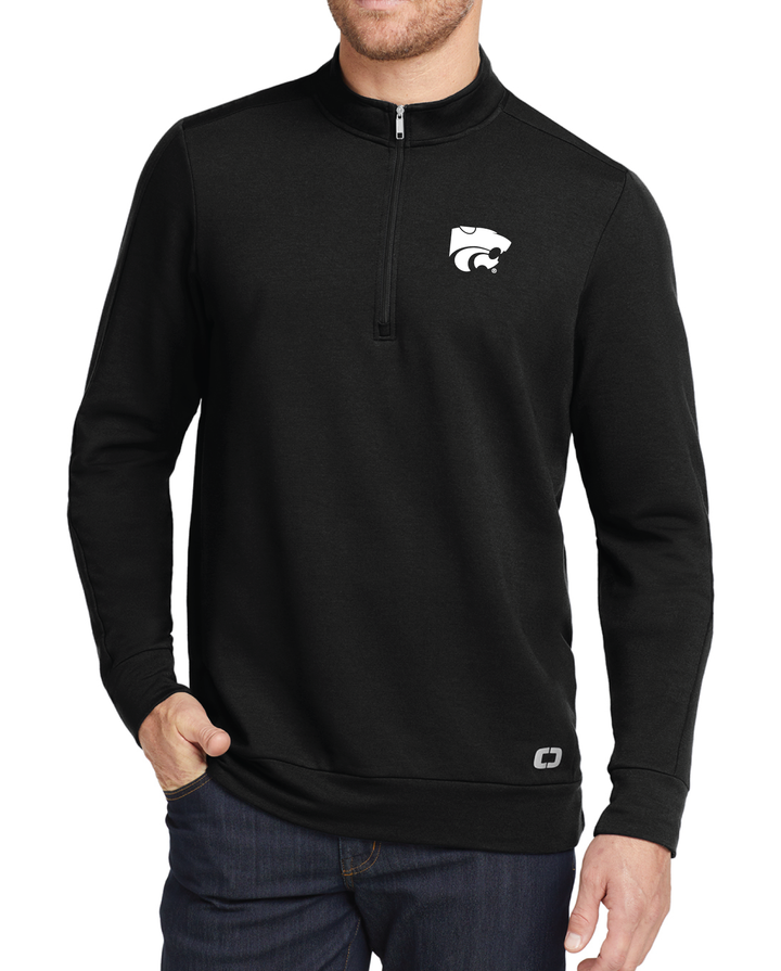 Black men's quarter zip for Kansas State University showing a white Powercat logo on the left chest and embroider with white thread