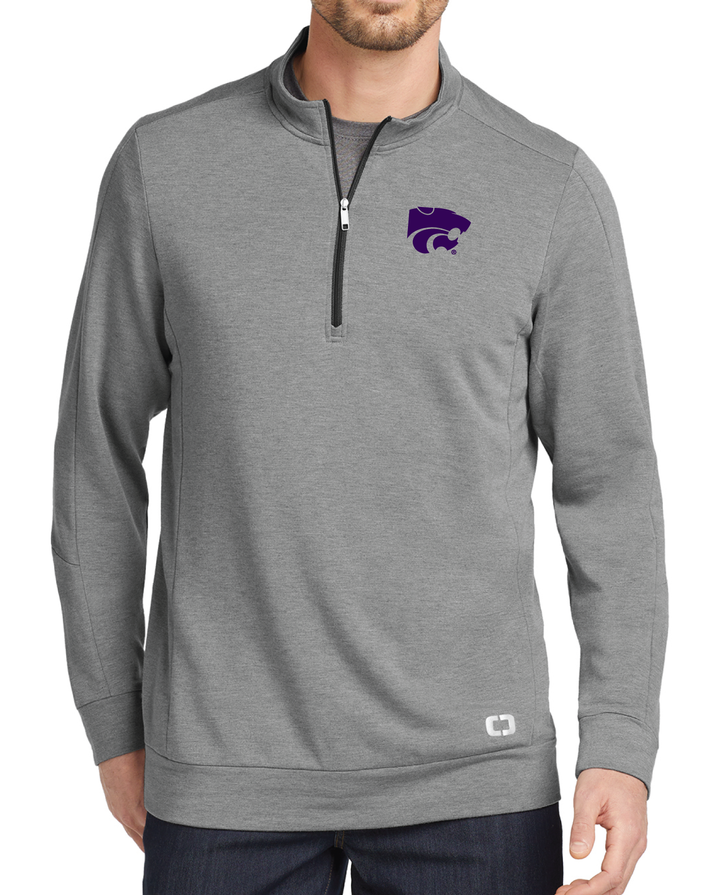 Kansas State Quarter Zip for men in grey and with a purple embroidered Powercat logo on the left chest