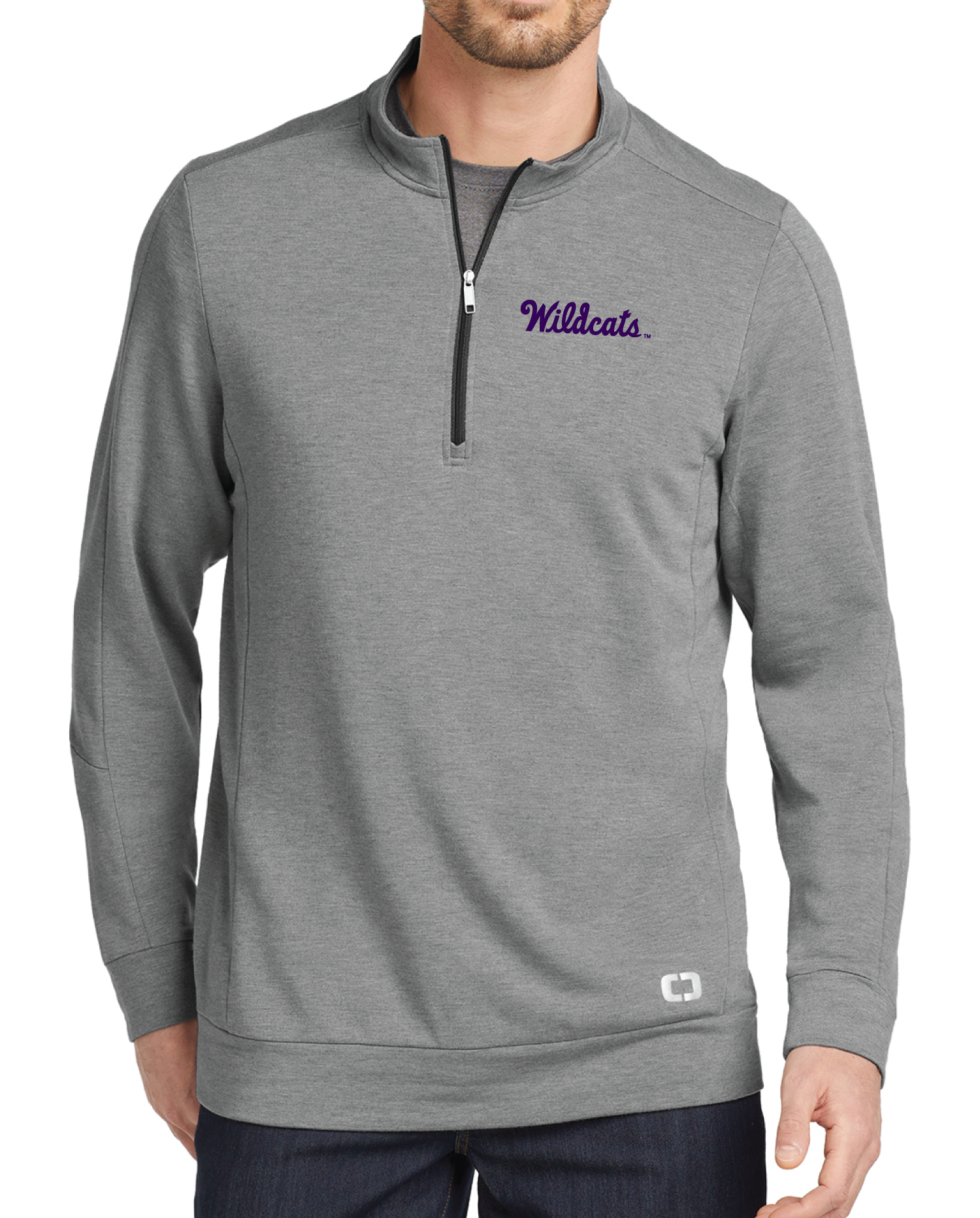 Grey Kansas State men's quarter zip with "Wildcats" embroidered on the left chest with purple thread.